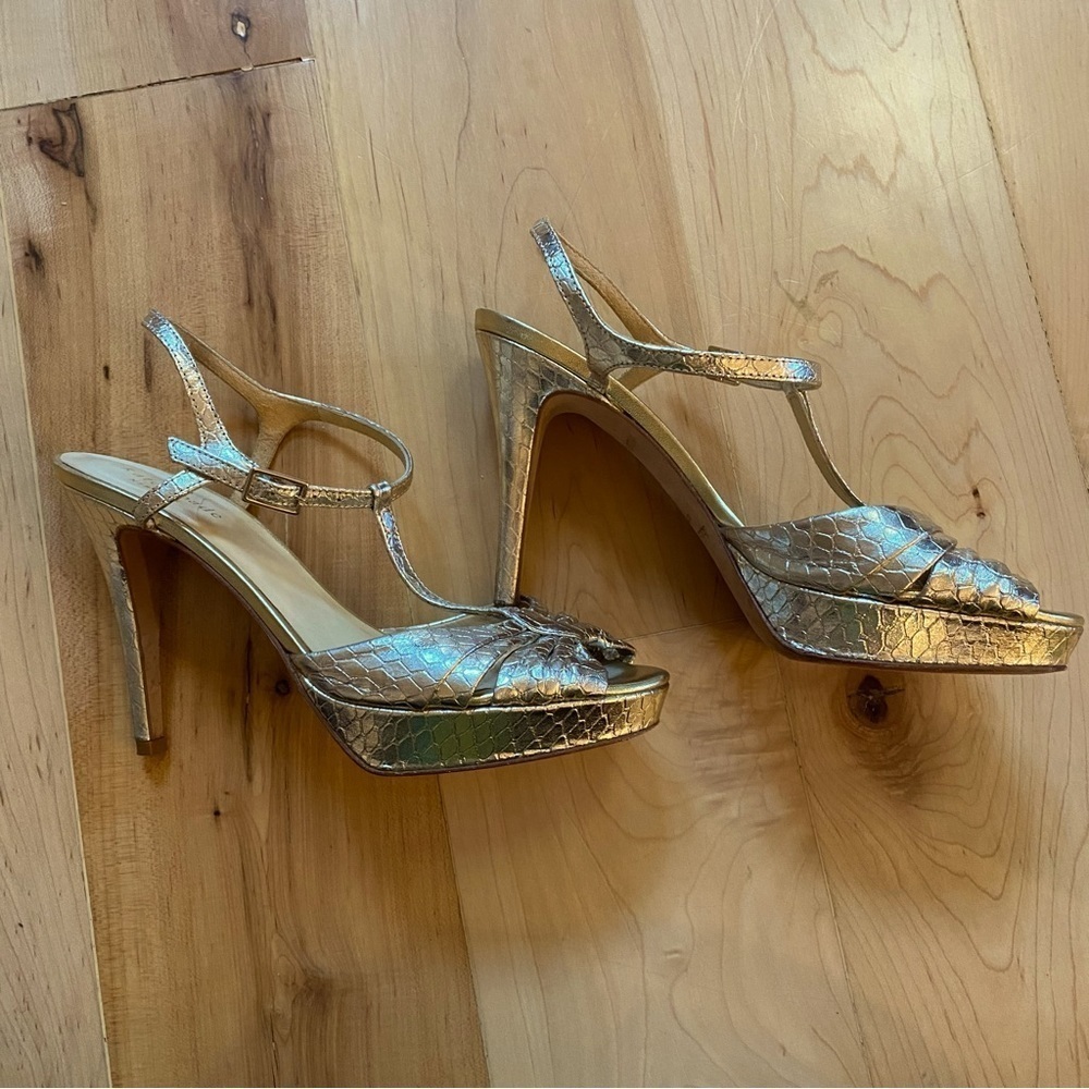 Kate Spade New York Leather Gold Animal Print T-Strap Sandals